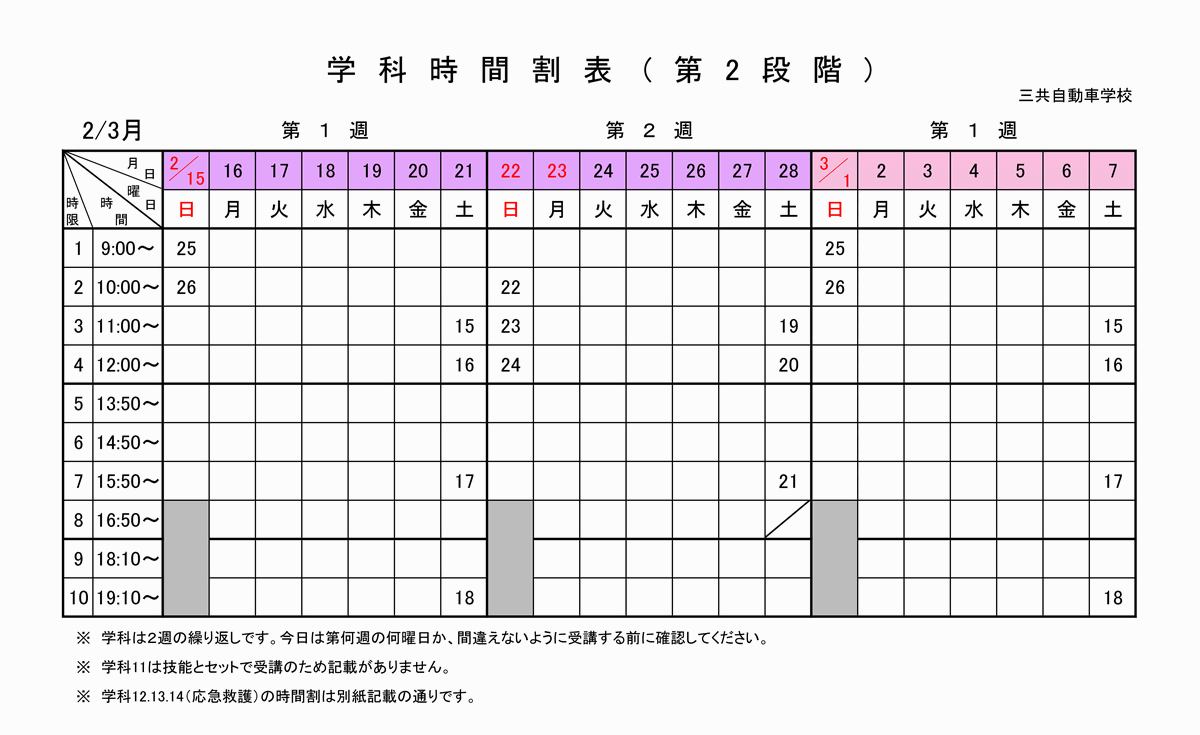 学科時間割表(2段階)